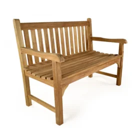 Two-seater teak bench with a slatted seat and backrest, and curved armrests, displayed on a plain white background.