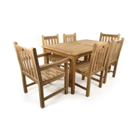 Rectangular teak 6 seater garden dining set with six matching slatted chairs, two of which are armchairs, arranged on a white background.