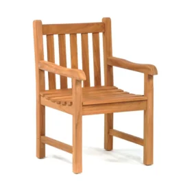 Single teak armchair with a slatted seat and backrest, featuring curved wooden armrests, shown on a white background.
