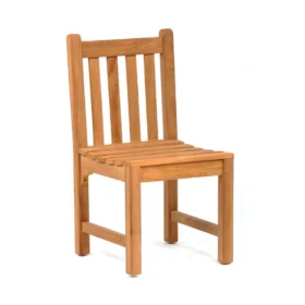 Single teak side chair with a slatted seat and backrest, shown at an angle on a plain white background.
