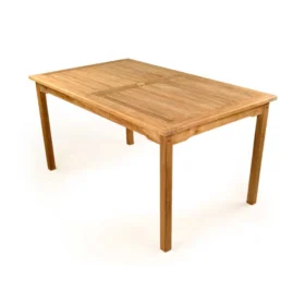Rectangular teak table with a slatted top and central parasol hole, shown on a plain white background.