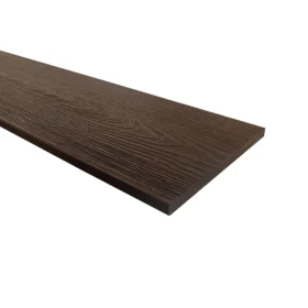 Close-up view of a Composite Prime HD 3D+ fascia board in Burnished Oak finish, showing realistic wood grain texture and deep brown colouring.