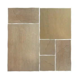Mixed size sandstone raj green paving slabs in a mock up layout showing natural riven texture.