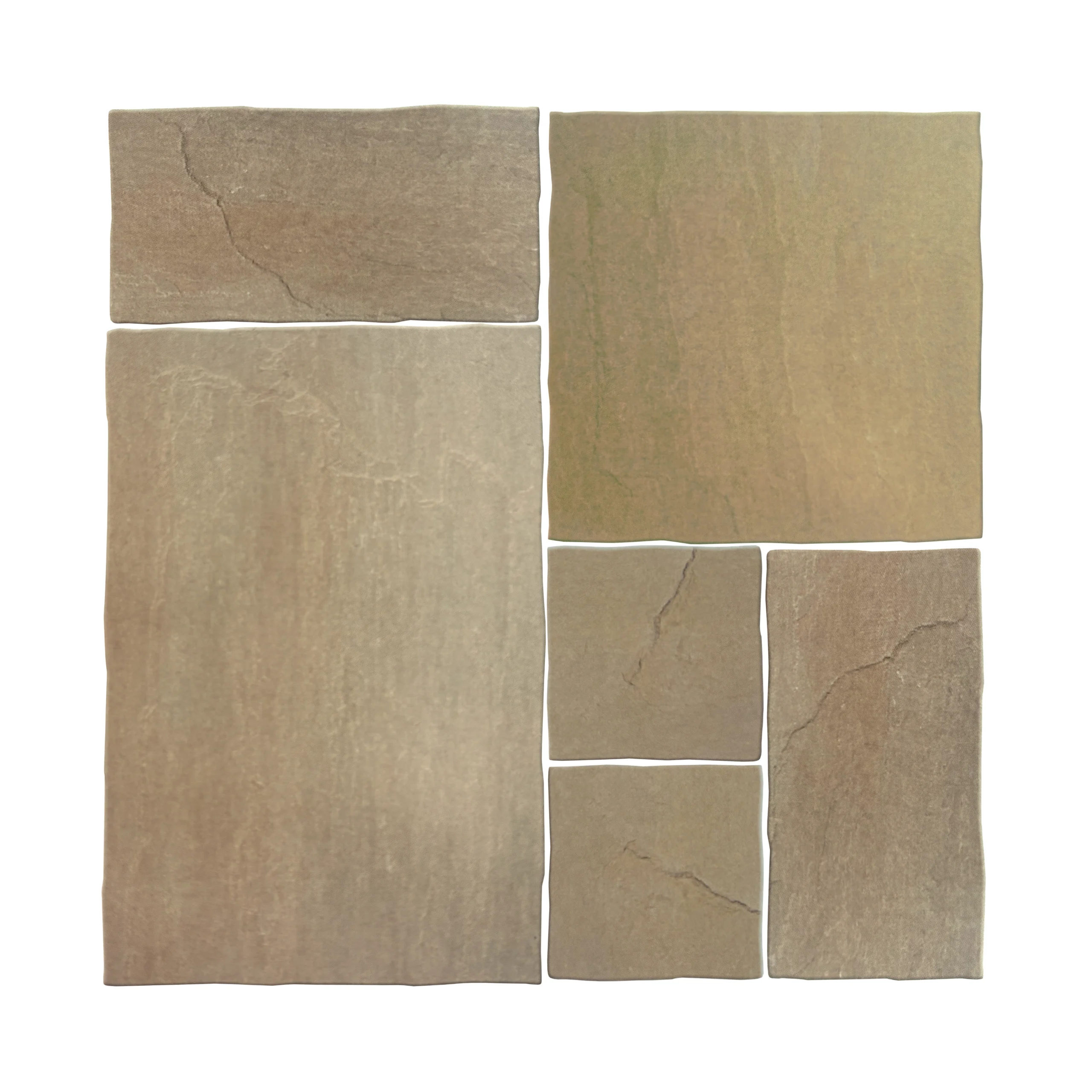 Mixed size sandstone raj green paving slabs in a mock up layout showing natural riven texture.