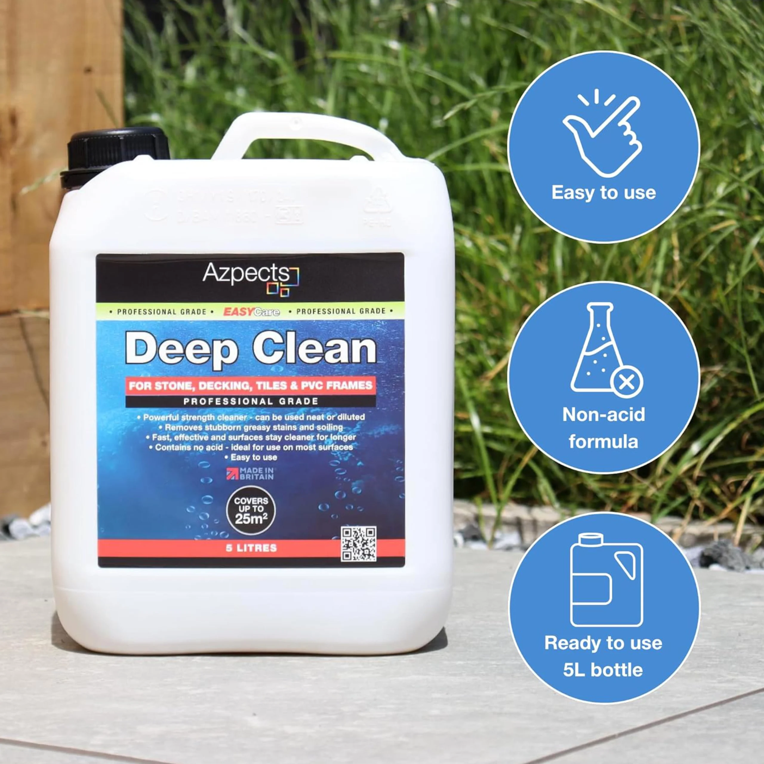 Azpects EasyCare Deep Clean 5L degreaser cleaner displayed outdoors – highlights include easy use, non-acid formula, and large ready-to-use container.