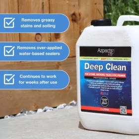Azpects EasyCare Deep Clean degreaser cleaner in use – highlights include removal of greasy stains, excess water-based sealers, and long-lasting surface protection.