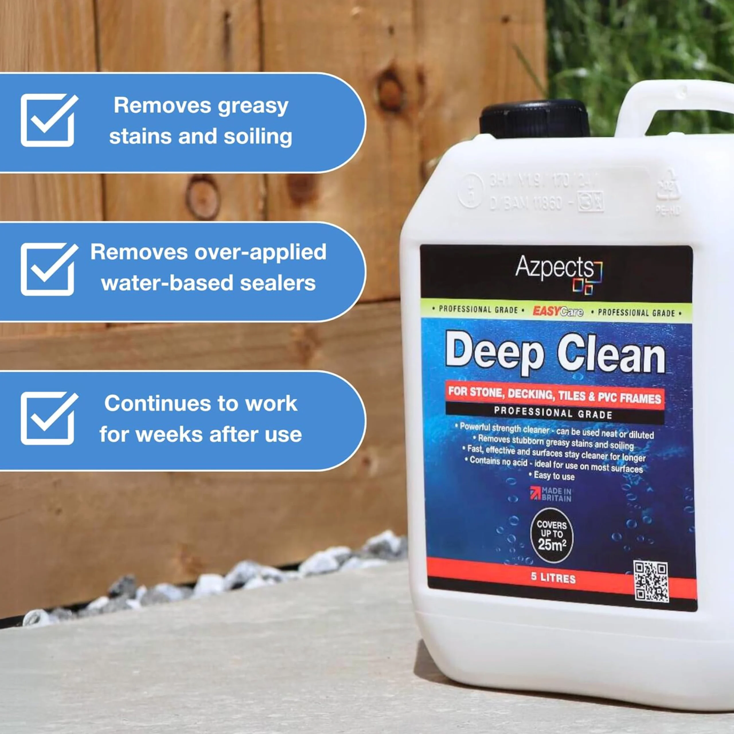 Azpects EasyCare Deep Clean degreaser cleaner in use – highlights include removal of greasy stains, excess water-based sealers, and long-lasting surface protection.