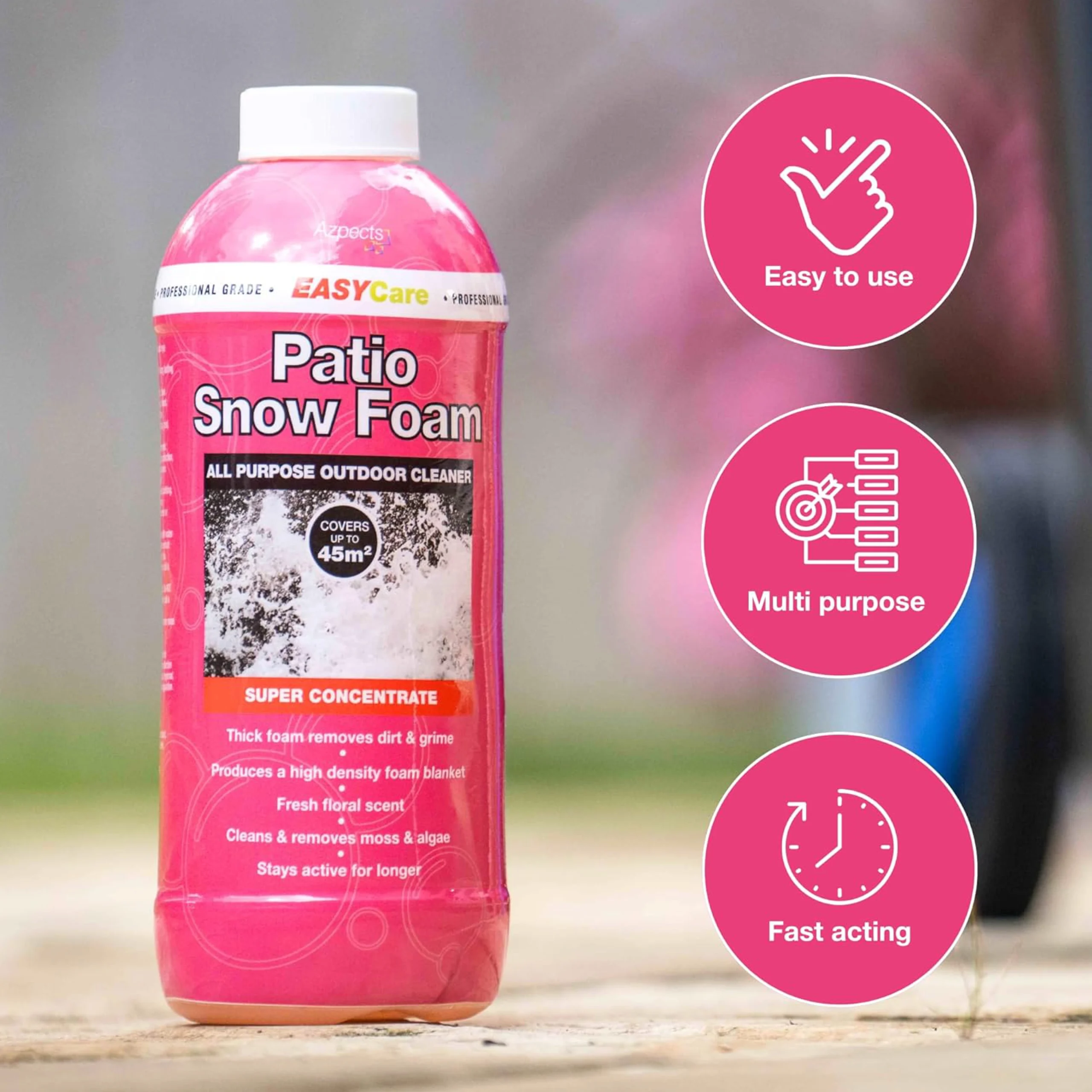 Bottle of EasyCare Patio Snow Foam patio cleaner standing on a stone surface outdoors, with icons highlighting its ease of use, multi-purpose cleaning, and fast-acting formula. The label mentions super concentrate, coverage up to 45m², and its ability to remove moss, algae, dirt, and grime.