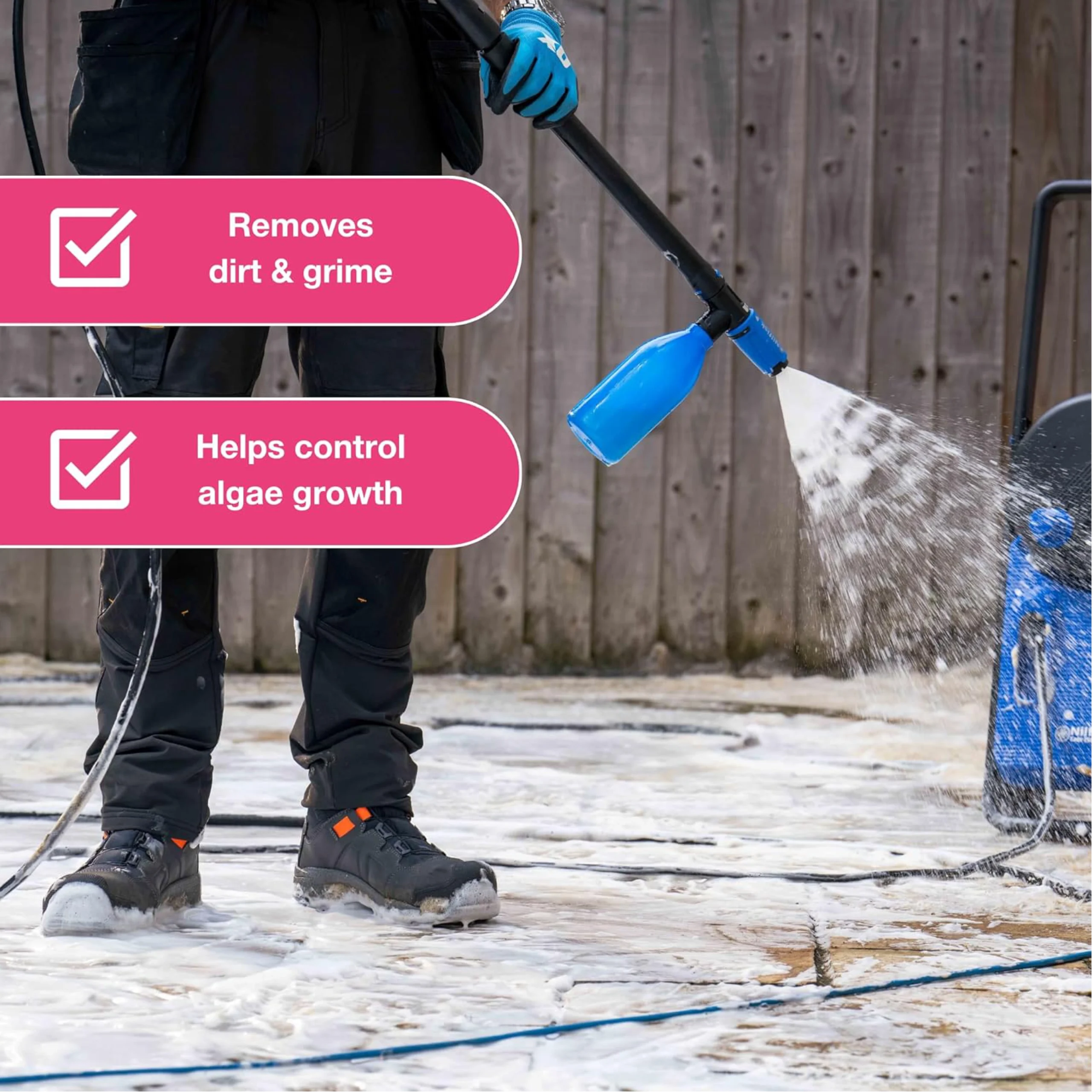 Person using a pressure washer with patio cleaner snow foam to clean a paved surface outdoors; foam visibly lifting dirt while checkmarks highlight benefits like removing grime and controlling algae growth.
