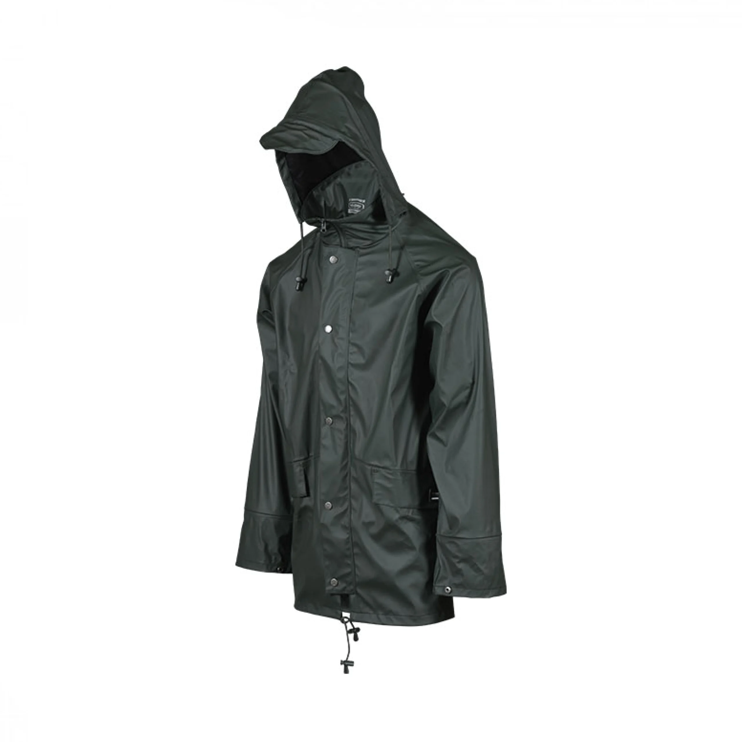 Angled front view of a green waterproof jacket with hood up – full-coverage rainwear featuring drawstrings, snap buttons, and storm-ready design for outdoor use.