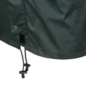 Close-up of green waterproof jacket hem featuring drawcord toggles and snap-vented side seam – adjustable fit for secure protection in wet conditions.