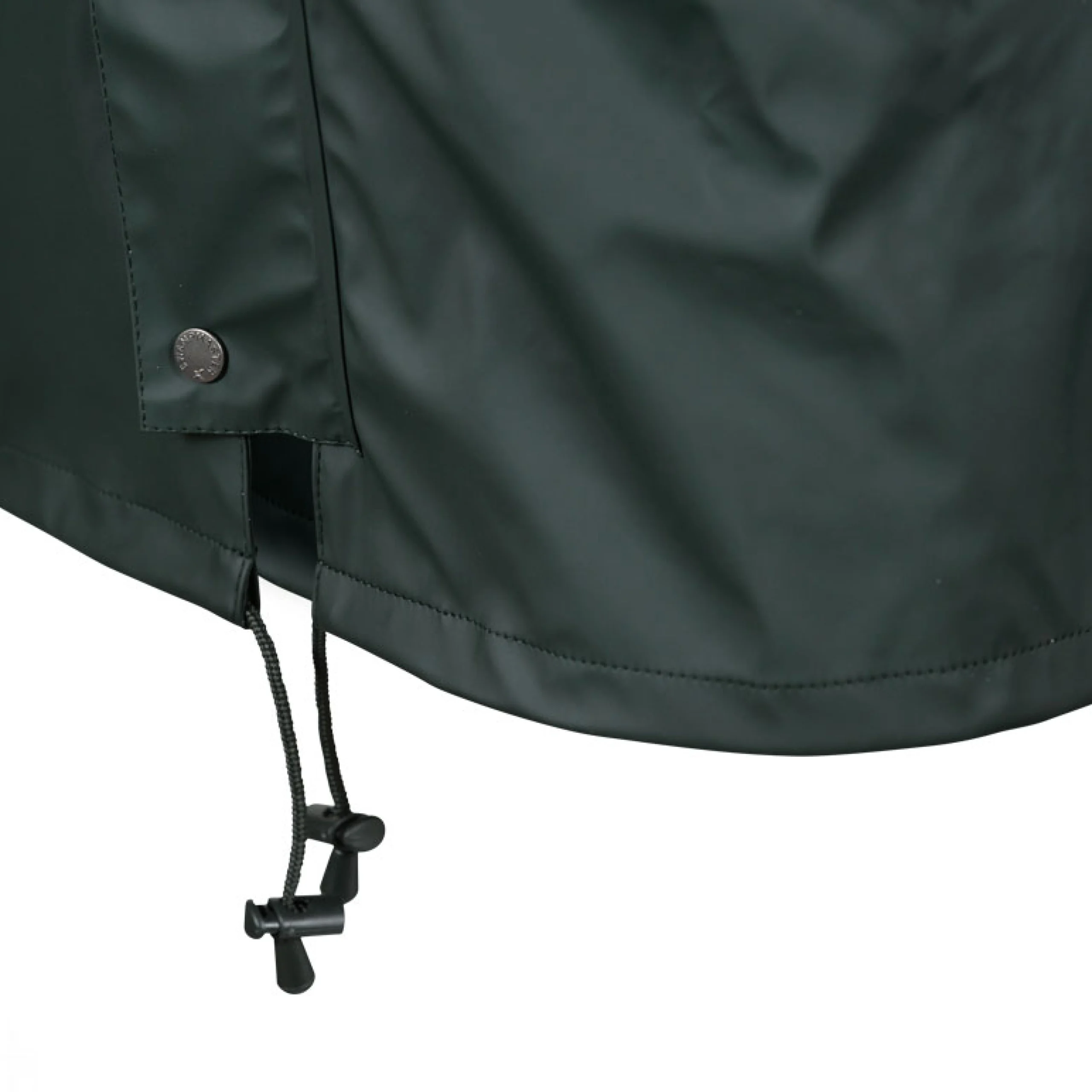 Close-up of green waterproof jacket hem featuring drawcord toggles and snap-vented side seam – adjustable fit for secure protection in wet conditions.