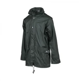 Front view of a dark green waterproof jacket with high collar, snap buttons, and drawstring hem – durable rain protection for workwear or outdoor use.