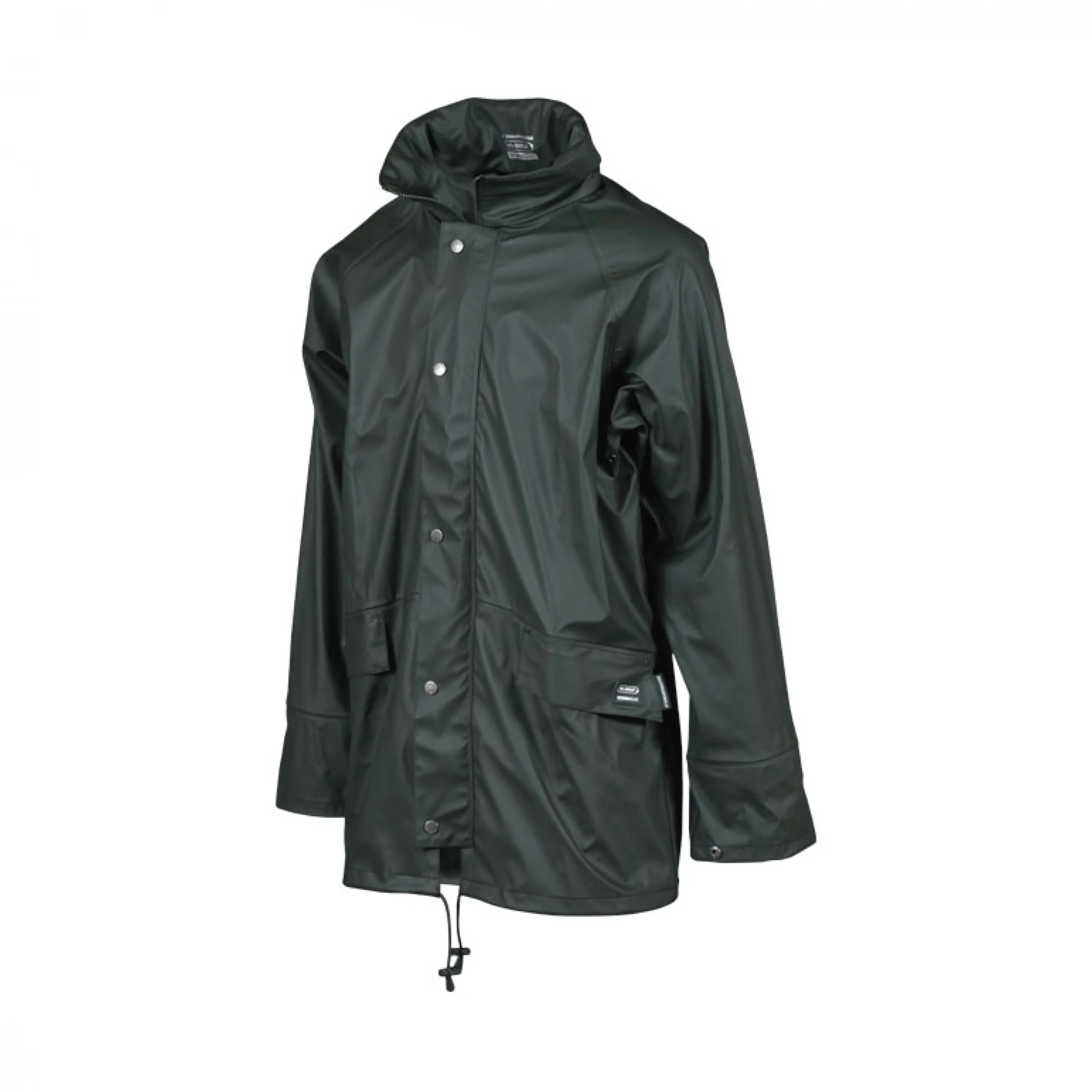 Front view of a dark green waterproof jacket with high collar, snap buttons, and drawstring hem – durable rain protection for workwear or outdoor use.