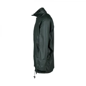 Side profile of a green waterproof jacket with high collar and drawstring hem – durable rainwear designed for outdoor work and weather protection.
