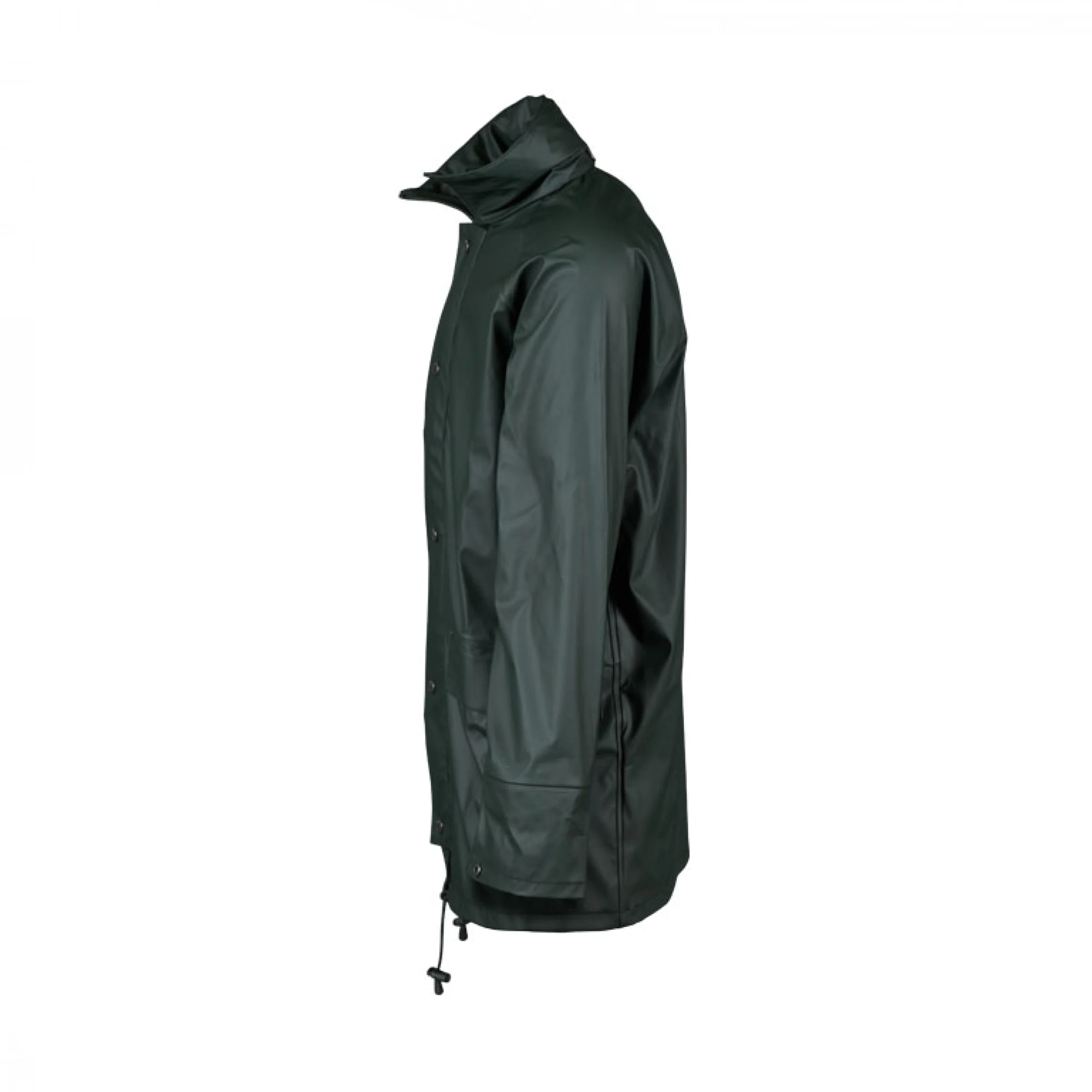 Side profile of a green waterproof jacket with high collar and drawstring hem – durable rainwear designed for outdoor work and weather protection.