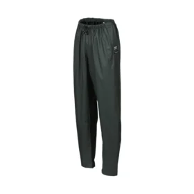 Angled view of green waterproof trousers with elasticated waistband and adjustable drawcord – durable rainwear designed for outdoor work and wet conditions.