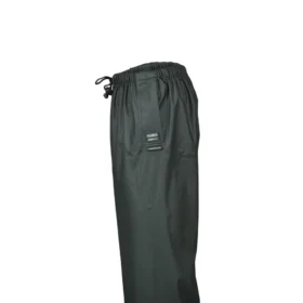 Close-up side view of green waterproof trousers with elastic waistband, drawcord, and Stormgear branding – designed for durable outdoor rain protection.