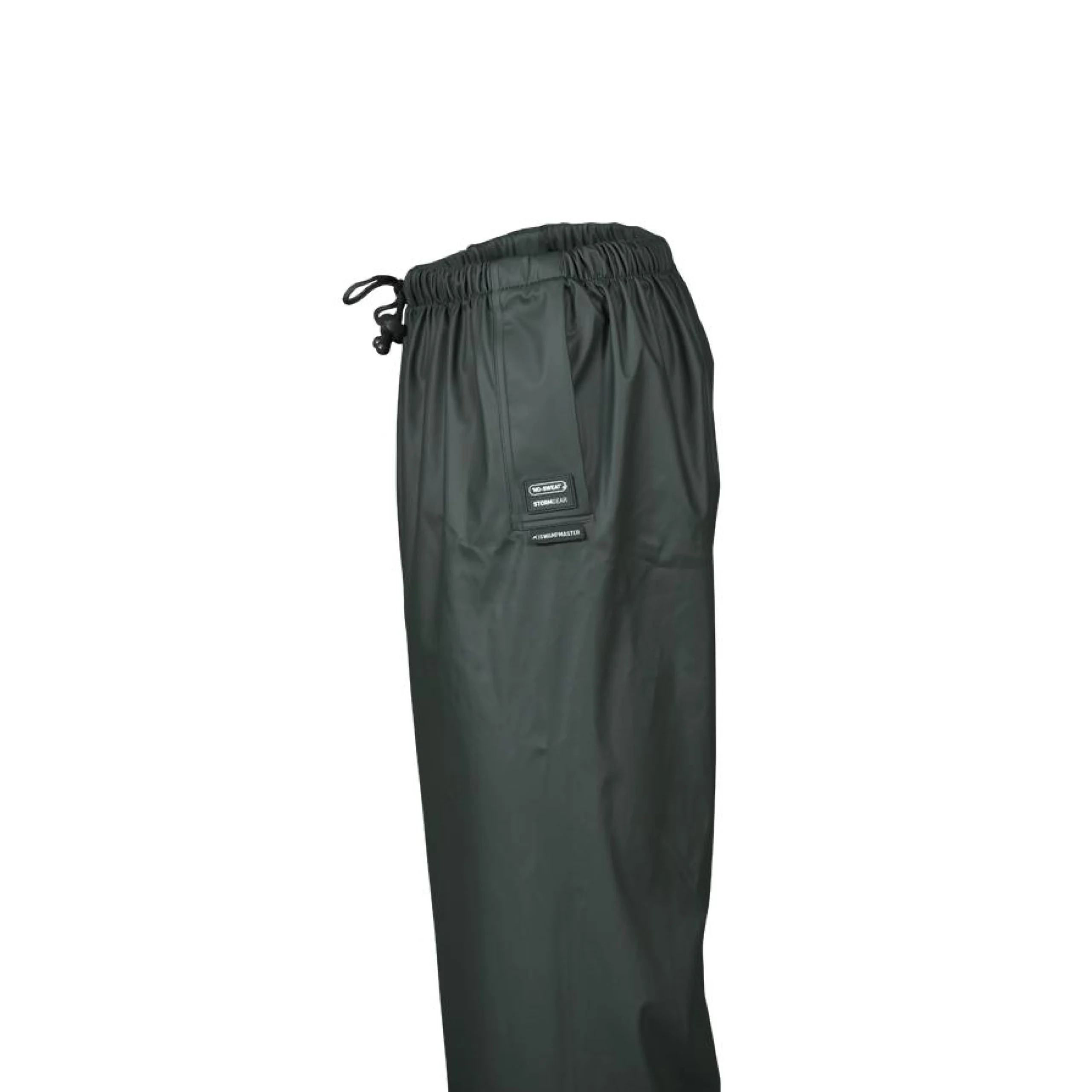 Close-up side view of green waterproof trousers with elastic waistband, drawcord, and Stormgear branding – designed for durable outdoor rain protection.