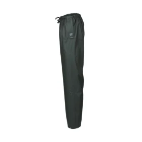 Side view of green waterproof trousers featuring elasticated waistband, drawcord, and Stormgear branding – built for durable wet weather protection outdoors.