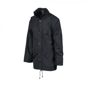 Angled front view of navy waterproof jacket with high collar, snap-button front, and drawcord hem – durable rain protection for workwear or outdoor use.