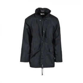 Front view of navy waterproof jacket with high collar, zip and snap closure, and drawcord hem – weather-resistant outerwear for outdoor or industrial use.