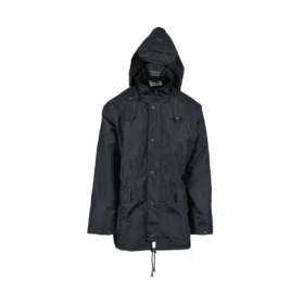 Front view of navy waterproof jacket with hood up, zip and snap front, and drawcord hem – reliable rain protection for outdoor work and wet conditions.