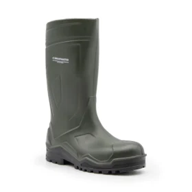 Side view of a single rugged green wellington boot, branded as Swampmaster, ideal for outdoor, farming, or industrial use – durable and waterproof green wellies with deep tread sole for maximum grip.
