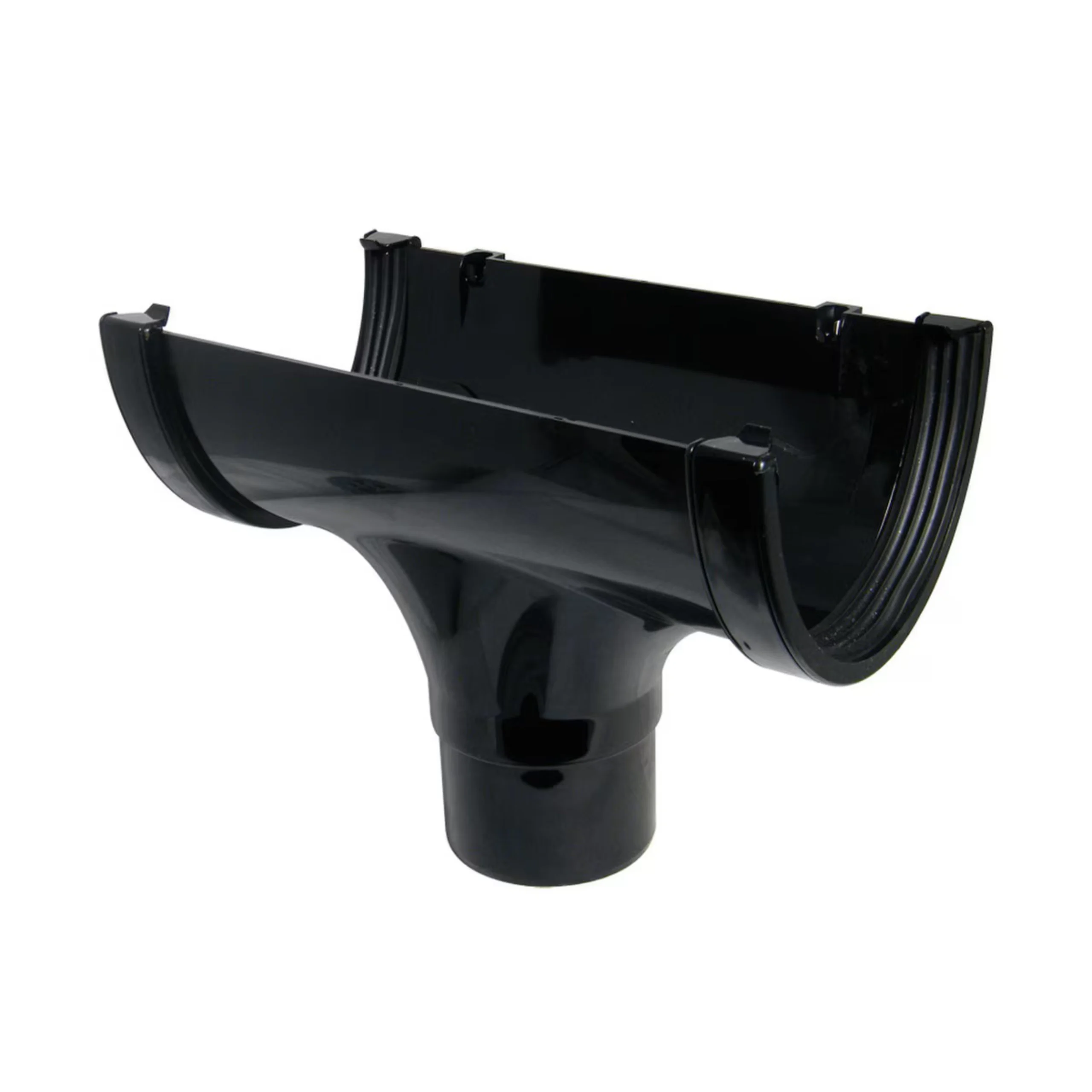 Deep flow running outlet 170mm black FloPlast Xtraflo gutter outlet fitting isolated on white background.