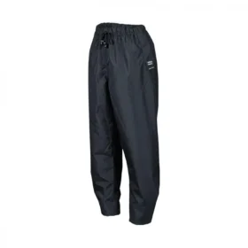 Front angled view of navy waterproof trousers with elasticated waistband and drawstring, ideal for outdoor and wet weather protection