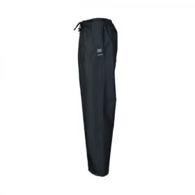 Side profile of navy waterproof trousers featuring elasticated waist with drawstring and straight leg design for durable rain protection