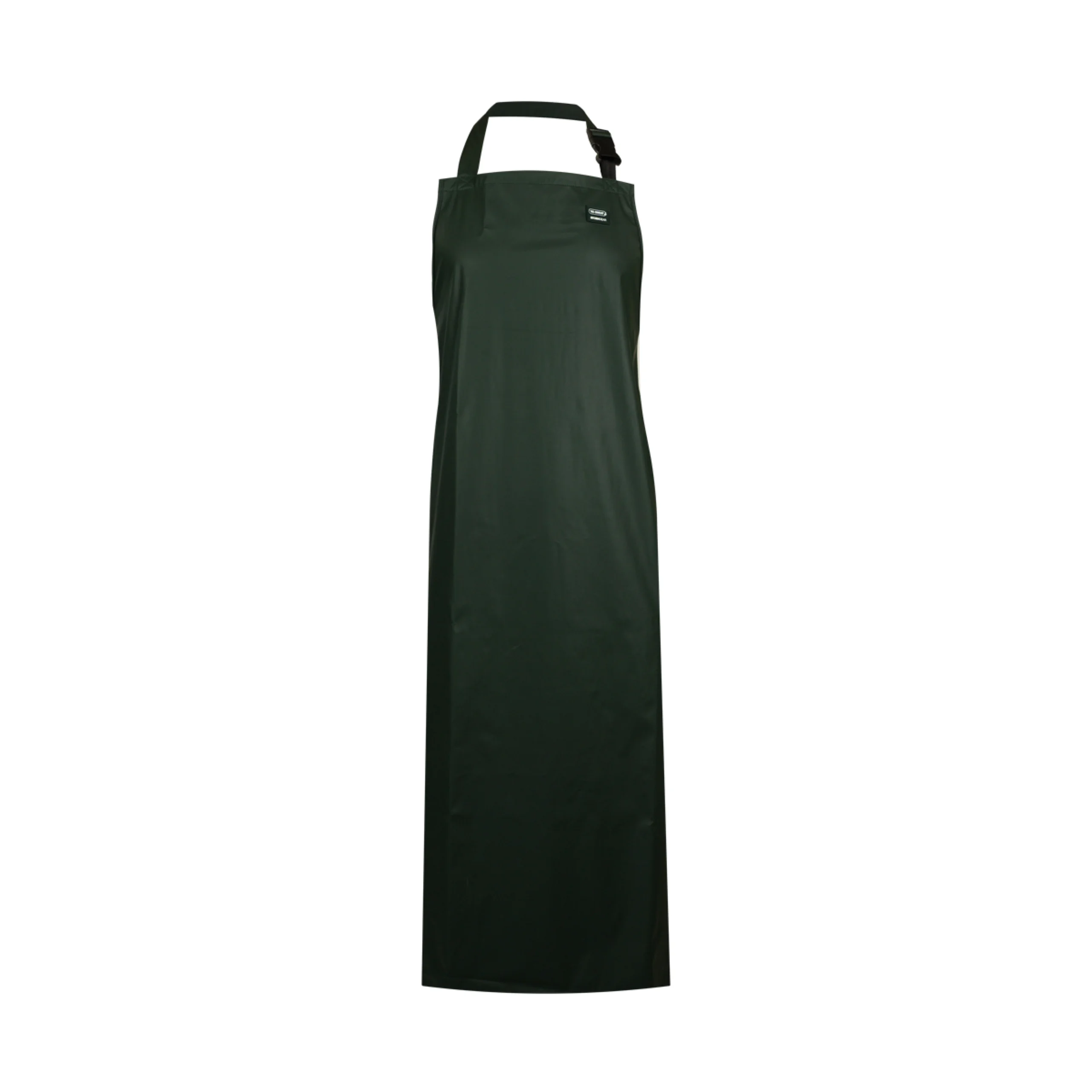 Full-length green milking apron with adjustable neck strap – waterproof and durable dairy apron designed for farm use and milking parlour protection.