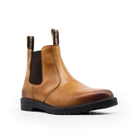 Side angle of dealer boots non safety in tan leather – stylish tan dealer boots with elastic gusset, pull loops, and durable sole for casual or light workwear use.