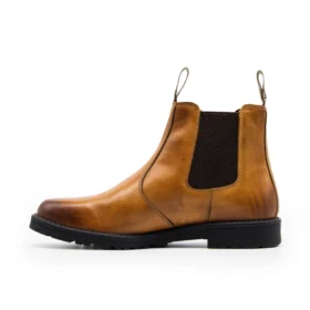 Left-side profile of dealer boots non safety in tan – sleek tan dealer boots with twin pull tabs, elastic gusset, and sturdy outsole for casual and workday wear.