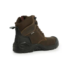 Brown work boots with padded ankle support, reinforced heel and durable tread, ideal for industrial and construction environments.