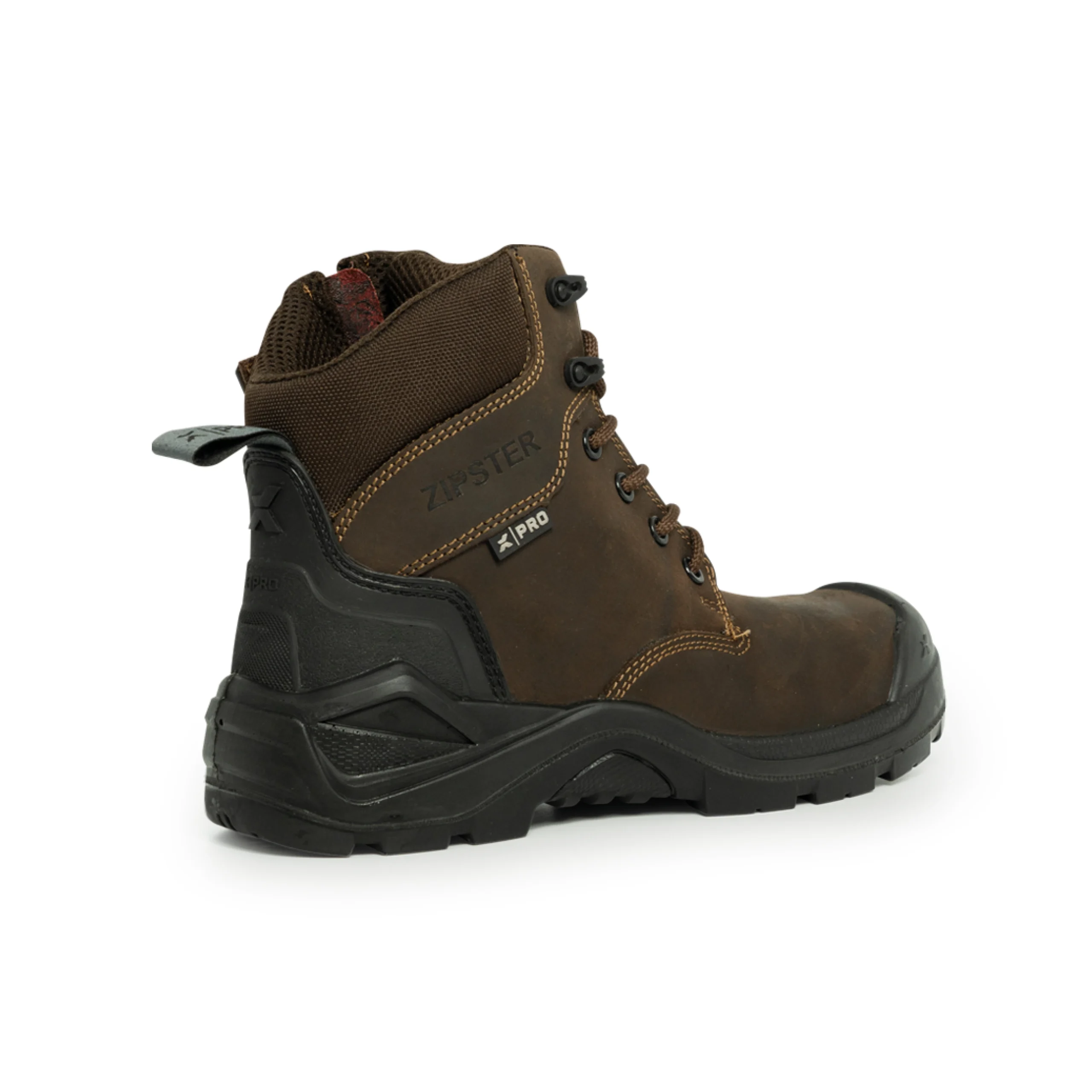 Brown work boots with padded ankle support, reinforced heel and durable tread, ideal for industrial and construction environments.