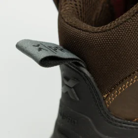 Rear close-up of brown work boots showing reinforced heel support, branded pull loop, and heavy-duty stitching for enhanced durability.