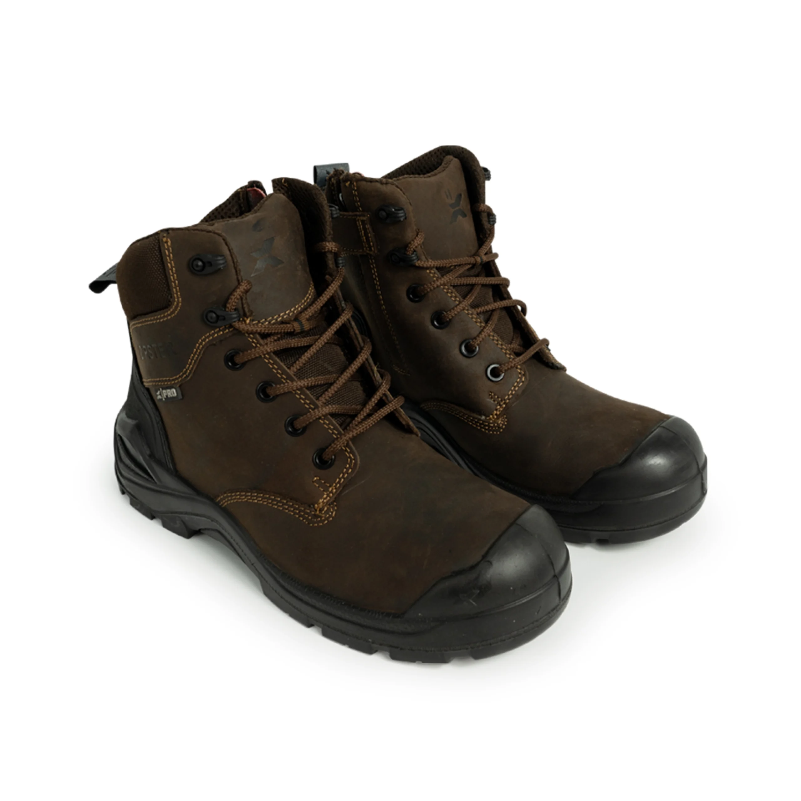 Pair of rugged brown work boots with black toe caps and anti-slip soles, ideal for heavy-duty industrial and construction use.