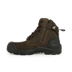 Side view of durable brown work boots with a side zip, reinforced toe cap, and high-traction sole for industrial and outdoor work environments.