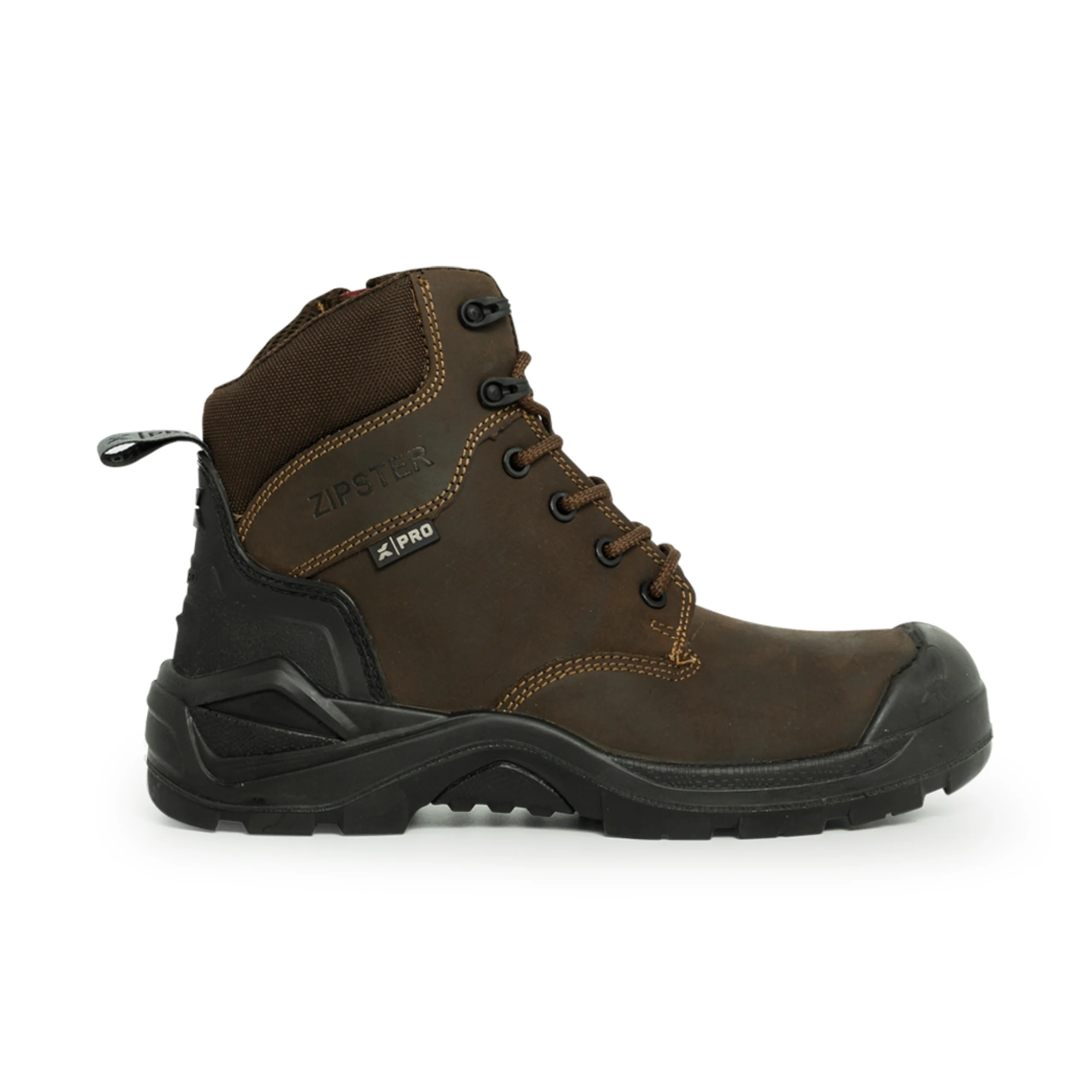 Side view of durable brown work boots with black sole, ankle support, and reinforced stitching, designed for tough industrial and outdoor environments.