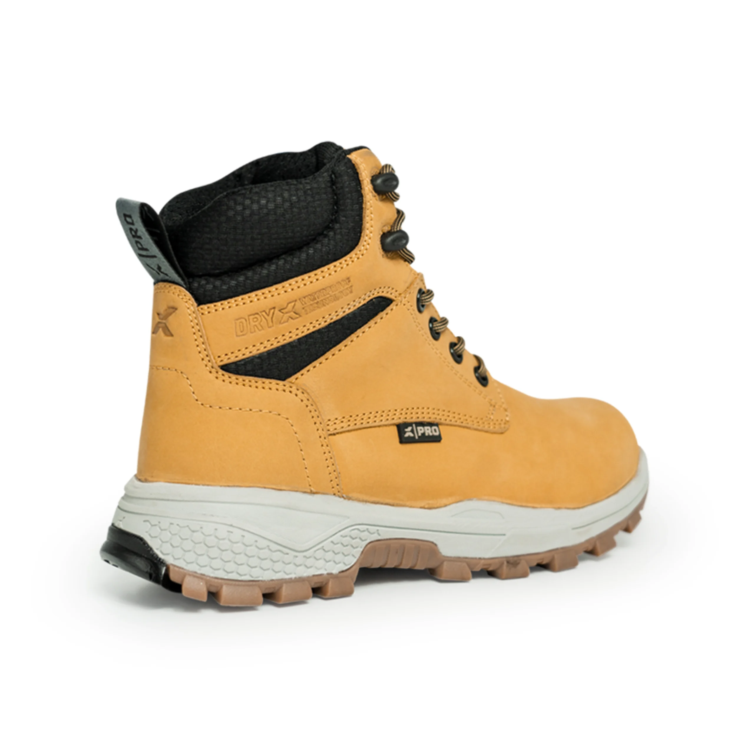 Rear angled view of honey work boots featuring padded black collar, durable tread, and waterproof Dry-X protection, ideal for tough working conditions.
