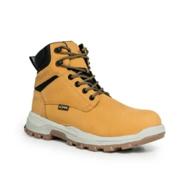 Angled right-side view of honey work boots with rugged tread, cushioned ankle collar, and heavy-duty eyelets for all-day job site durability and comfort.
