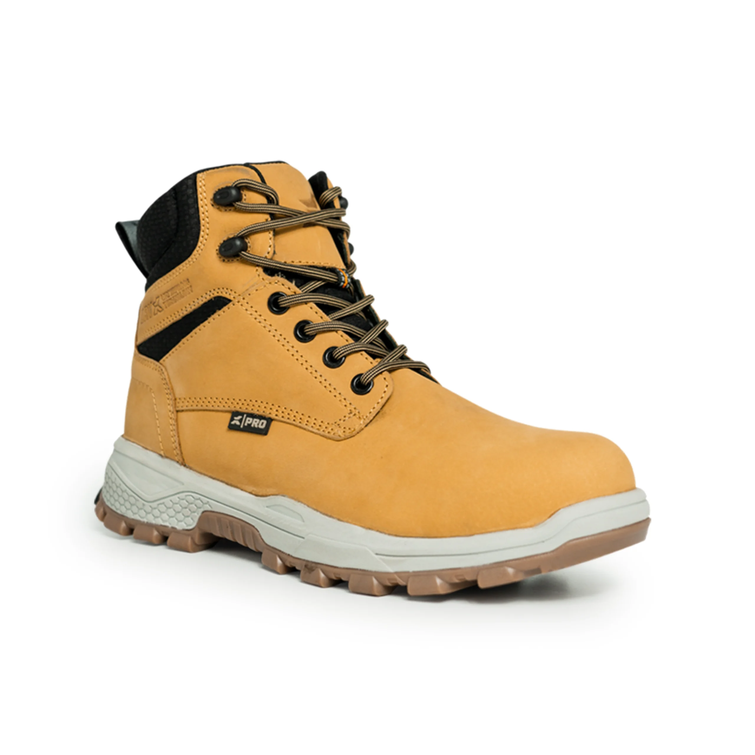 Angled right-side view of honey work boots with rugged tread, cushioned ankle collar, and heavy-duty eyelets for all-day job site durability and comfort.