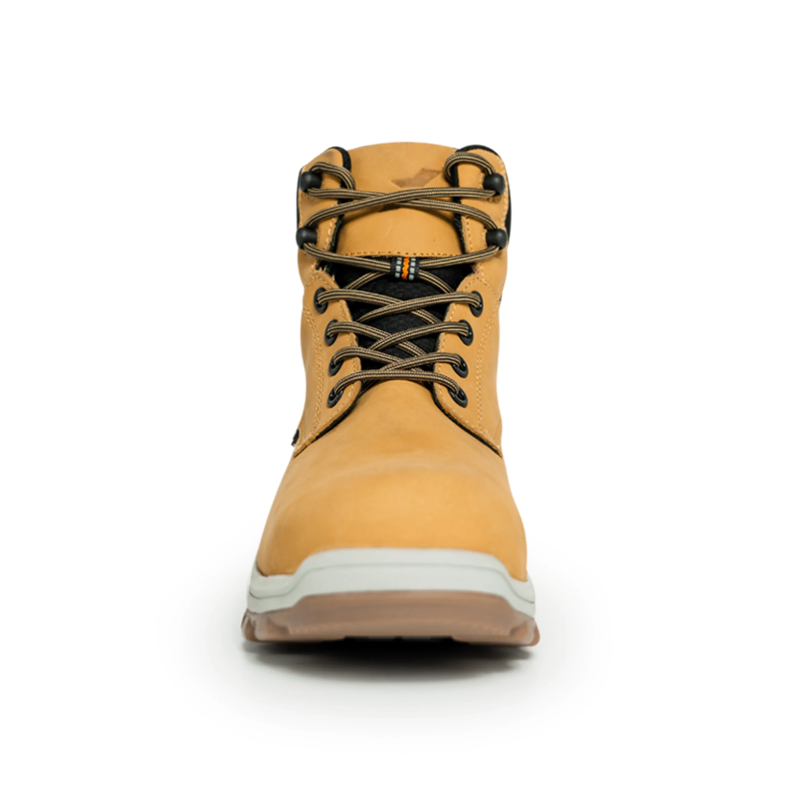 Front view of honey work boots featuring reinforced toe, durable laces, and padded ankle support for reliable performance on tough job sites.