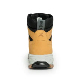 Rear view of honey work boots with padded collar and durable heel support, showcasing the XPRT Pro branding and rugged sole design for tough job sites.