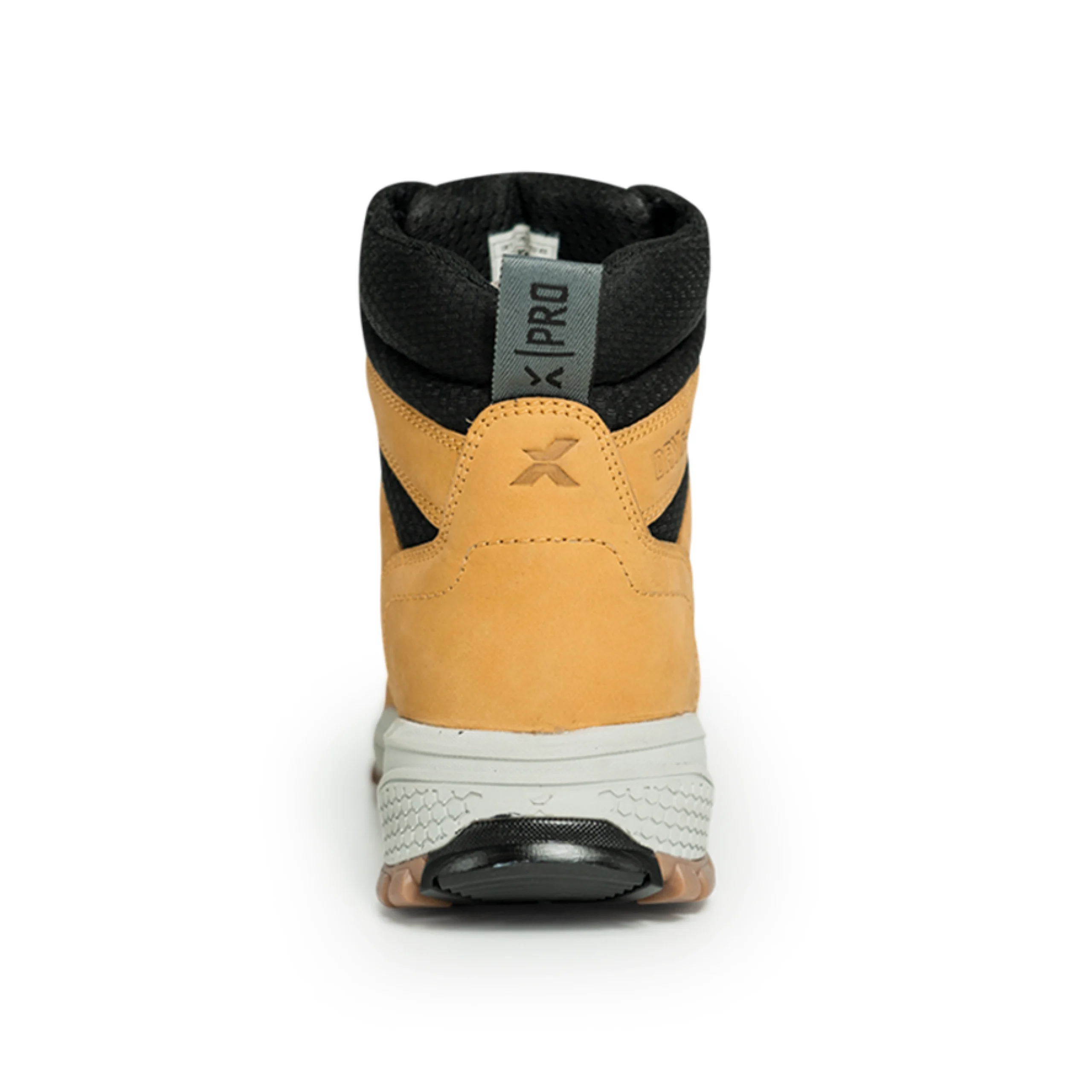 Rear view of honey work boots with padded collar and durable heel support, showcasing the XPRT Pro branding and rugged sole design for tough job sites.
