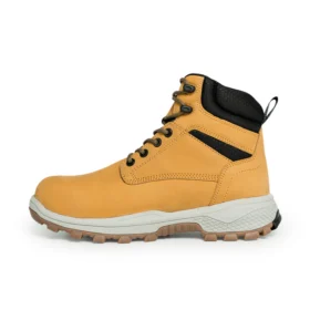 Left side view of honey work boots with cushioned collar and grippy sole, designed for comfort, durability, and support in demanding work environments.