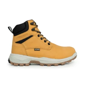 Side view of durable honey work boots with black collar and rugged sole, designed for professional use with waterproof protection and supportive ankle design.