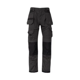 Front view of Pro Stretch Plus grey and black work trousers featuring multiple utility pockets and reinforced knee panels for professional durability.