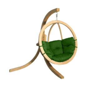 Single hanging egg swing chair on a curved wooden stand (sold separately), featuring a plush green cushion for relaxing in the garden, patio, or conservatory.